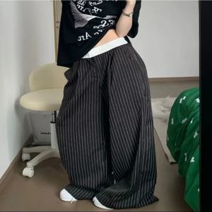 HOUZHOU 블랙 스트라이프 정장 바지 여성 헐렁한 Y2k 빈티지 한국 스타일 바지 특대 하라주쿠 패션 오피스 레이디 슬랙스