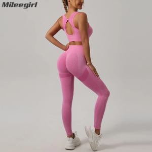 Mileegirl 2pcs 스포츠 세트 여성 체육관, 요가 바지를 밀어, 중공 백 체육관 피트니스 브래지어, 운동 레깅스, 원활한 스타킹 세트
