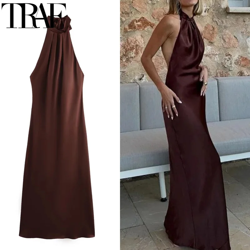 TRAF 홀터넥 새틴 롱 드레스 여성 묶여 백리스 브라운 미디 드레스 여름 오프 숄더 파티 드레스 Pleated Evening Dress