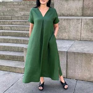 여성 L-5XL 플러스 사이즈 용수철 여름 라지 사이즈 루즈한 코튼 및 대마 반팔 패션 원피스 V넥 단색 캐주얼