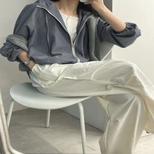 여성용 후드 썬 프로텍션 자켓 2025 새로운 느슨한 디자인 레트로 줄무늬 Dstring 지퍼 오픈 카디건 탑 스트리트 스타일