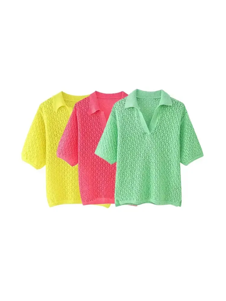 TRZA 여성 패션 Pointelle 니트 루즈 한 스웨터 폴로 칼라 반팔 여성 풀오버 Chic Tops
