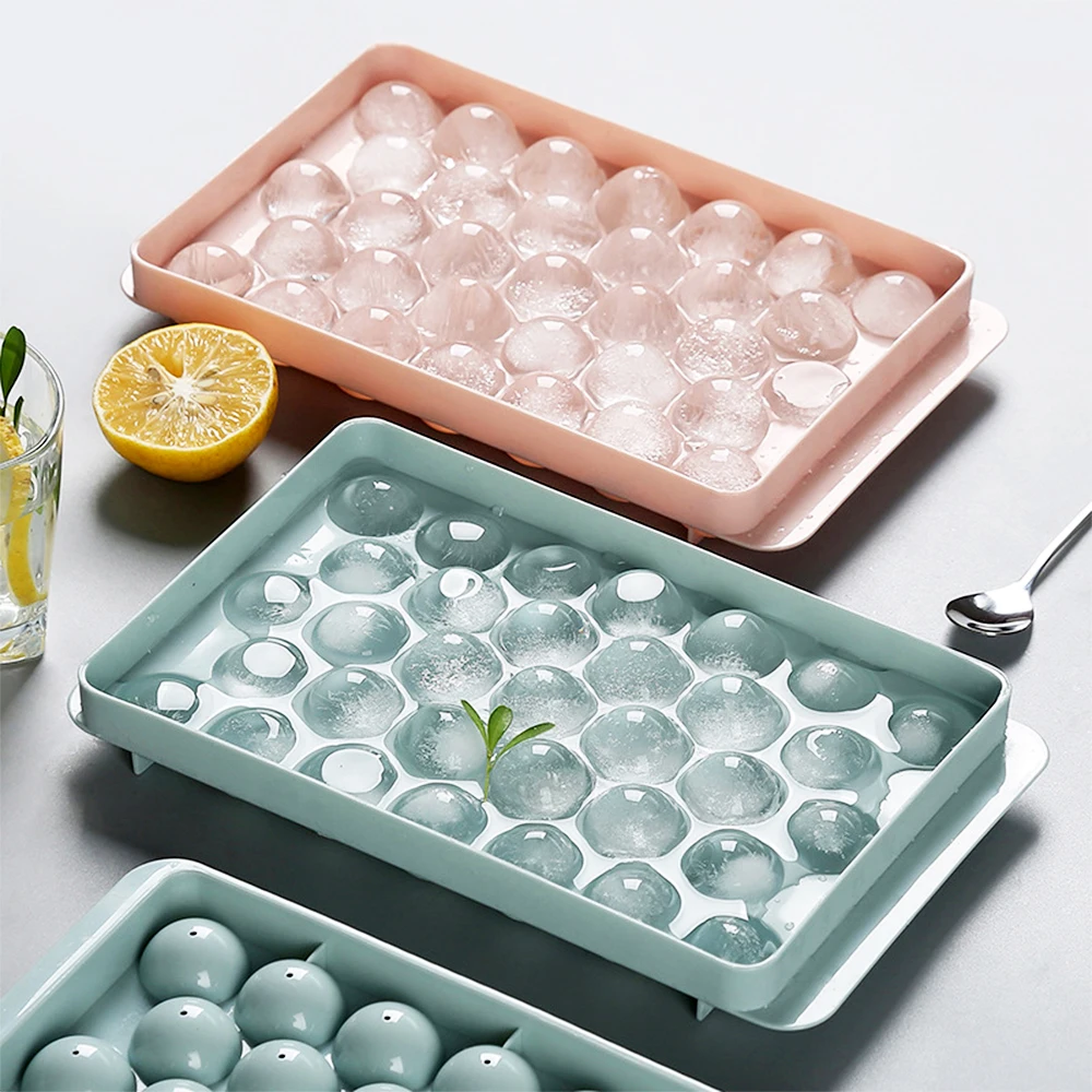 1PC 뚜껑이있는 크리 에이 티브 라운드 아이스 큐브 트레이 18/33 그리드 아이스 몰드 홈 바 쿨러 도구 Bpa 무료 금형 위스키 칵테일 차가운 음료