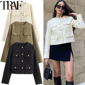 TRAF 여성용 긴 소매 크롭 재킷, 단추 데미 시즌 짧은 코트, 우아한 여성 코트, 가을 아우터
