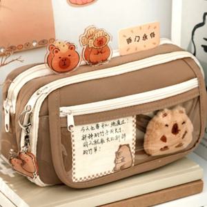 Capybara 대용량 연필 가방, 브로치 스티커 클립 키체인, 만화 문구 거치대 가방, 어린이 펜 케이스 파우치