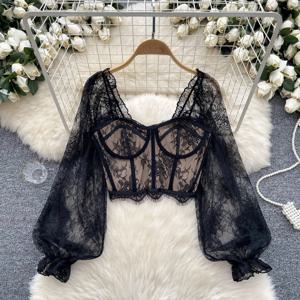 여성용 시크 레이스 플레어 긴팔 스퀘어 칼라 백리스 크롭탑, 솔리드 슬림 섹시 한국 패션, 여름 여성 셔츠