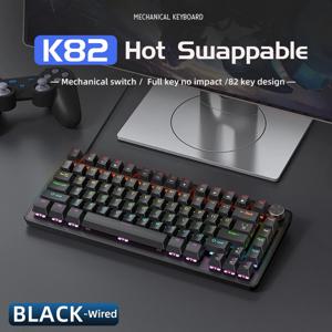 미디어 손잡이가 있는 75% 기계식 키보드 유선, APAYADO 검정색 게임용 키보드, 핫스왑, ABS 캡 투명 문자 백라이트