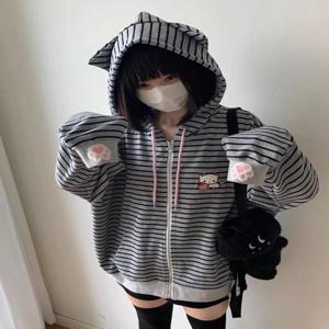 QWEEK 일본 하라주쿠 카와이 집업 후드티, 귀여운 만화 자수 맨투맨 지퍼, 회색 상의, 부드럽고 귀여운 소녀 줄무늬, 2024
