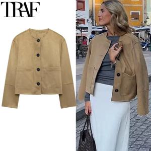 TRAF Jackets Outerwears 자른 스웨이드 자켓 여성 가을 ​​데미 시즌 긴 소매 코트 캐주얼 버튼 우아한 짧은 솔리드 코트