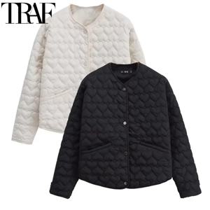 TRAF 겨울 코트 여성 파카 하트 퀼트 자켓 여성 가을 ​​긴 소매 블랙 화이트 패딩 자켓 따뜻한 경량 코트