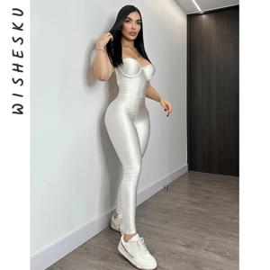 섹시한 Strapless 코르셋 점프 슈트 여성 실버 백 레스 스키니 원피스 Rompers 2024 봄 가을 로리타 Y2K 의류