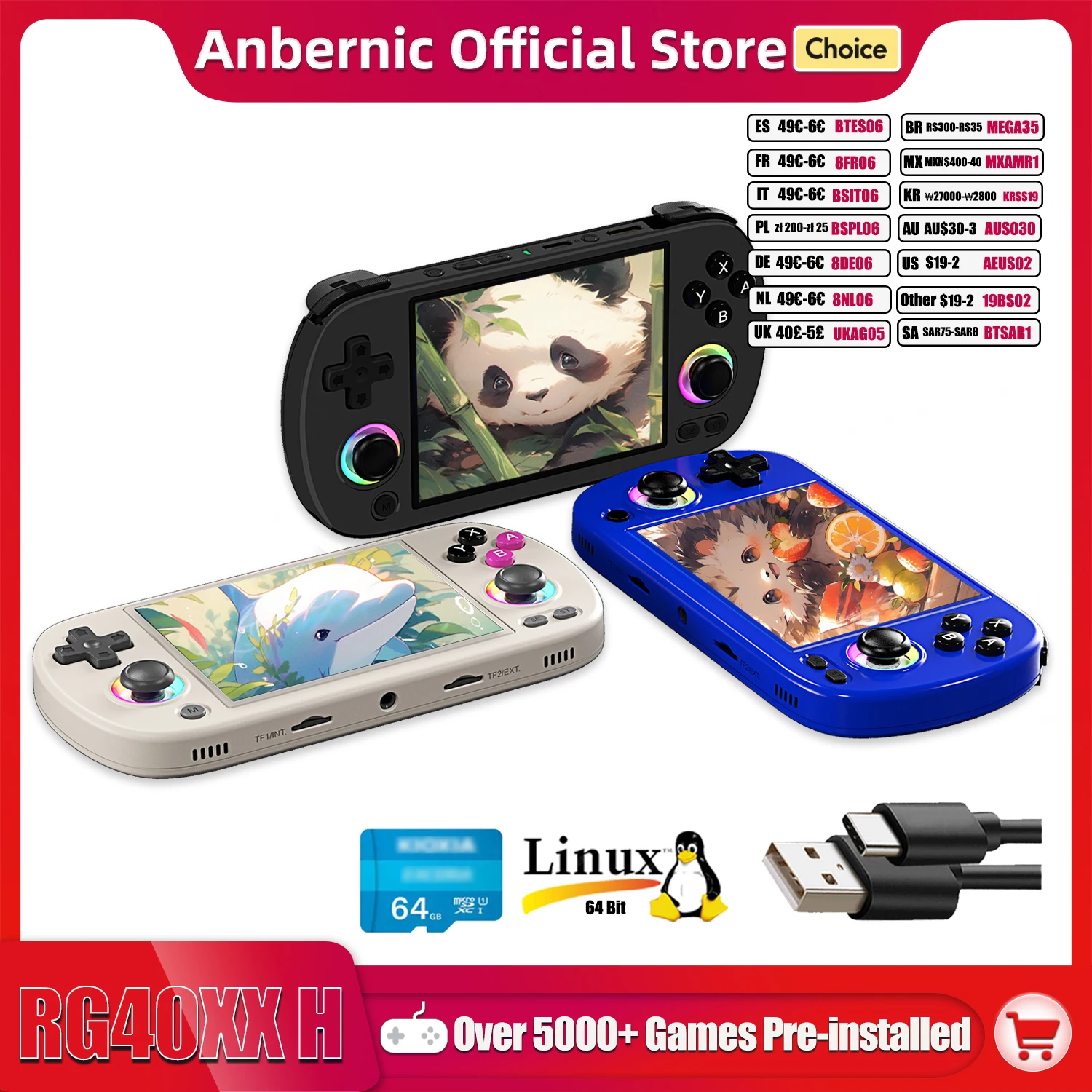 ANBERNIC 리눅스 레트로 휴대용 게임 콘솔, 4.0 인치 IPS 화면, 5G 와이파이 지원, 블루투스 HDMI-TV 출력, RG40XXH, 64 비트