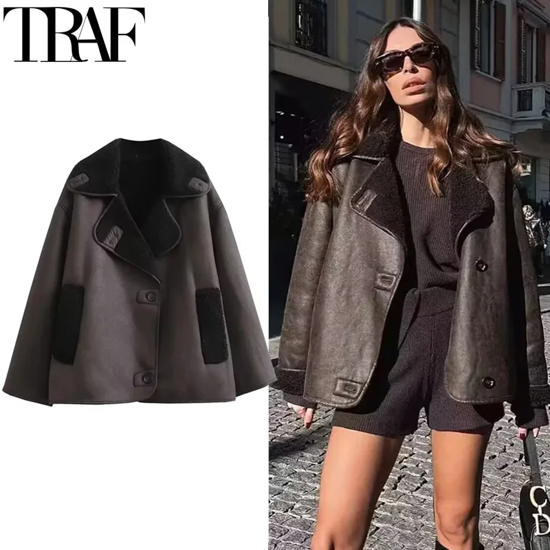 TRAF Fleeced Faux Leather Jacket 여성 겉옷 빈티지 콜드 인조 울 & 블렌드 코트 여성용 가을 겨울 플러시 자켓