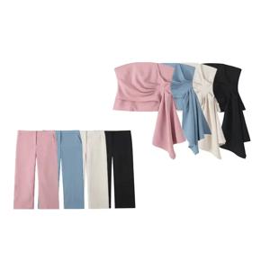 TRZA 여성 패션 Draped Strapless Bustier 탑과 하이 웨이스트 사이드 포켓 ​​플레어 바지 여성 두 조각 세트 Mujer