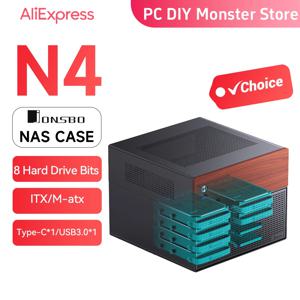 JONSBO N4 검정색 NAS 섀시 M-ATX 마더보드 SFX 전원 슬롯 6 대형 2 소형 하드 드라이브 슬롯 120mmx1Fan 호두 장식 패널