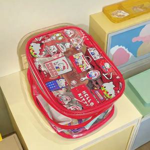 헬로 키티 메이크업 가방 투명 Sanrio Kawaii 휴대용 대용량 방수 스킨 케어 보관 가방 워시 토트 핸드백 PVC