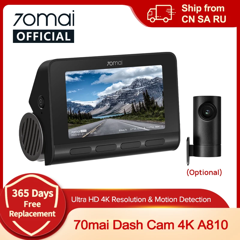 70mai 4K 대시 캠 A810 울트라 HD 내장 GPS ADAS 자동 레코드 150FOV 모션 감지 70mai A810 4G 자동차 DVR 지지대 후면 캠