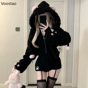 일본 귀여운 로리타 스타일 램스울 코트 2 종 세트, 여성 고딕 다크 고양이 귀 후드 재킷, 점프수트 세트, 카와이 Y2k 의상