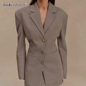 TWOTWINSTYLE 여성용 체크 슬리밍 블레이저, 라펠 긴팔, 미니멀리스트 코트, 여성 패션 스타일, 신상