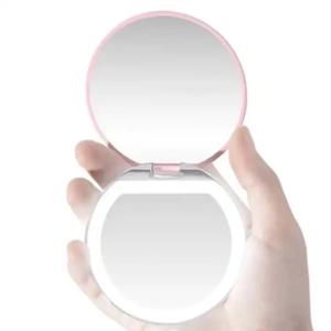 조명이 있는 소형 거울, USB 데이터 케이블이 있는 1X/3X 배율 LED 포켓 거울, 지갑, 포켓, 여행용 핑크 미니 거울