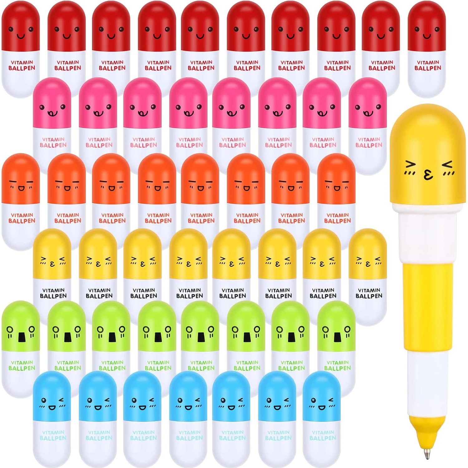 12pcs 알약 모양의 펜, 개폐식 볼펜, 귀여운 만화 알약 형광펜, 웃는 얼굴 캡슐 펜, 간호사 미니 약국 11월