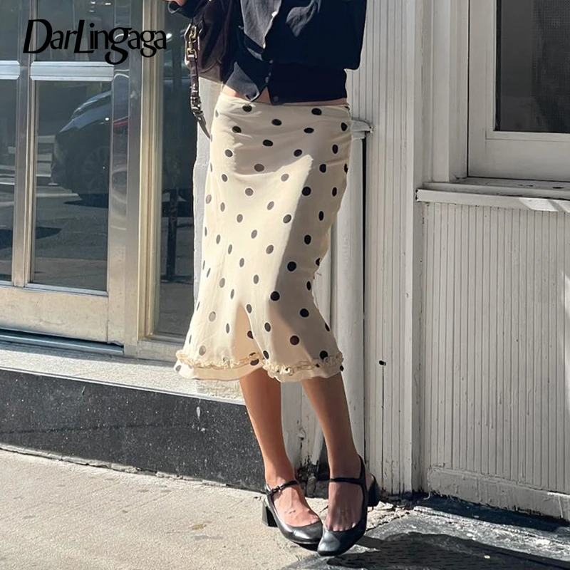 Darlingaga 패션 폴크 도트 인쇄 식용 나무 곰팡이 트림 스커트 여성 휴일 지퍼 업 메쉬 하프 더블 레이어 하의 2025