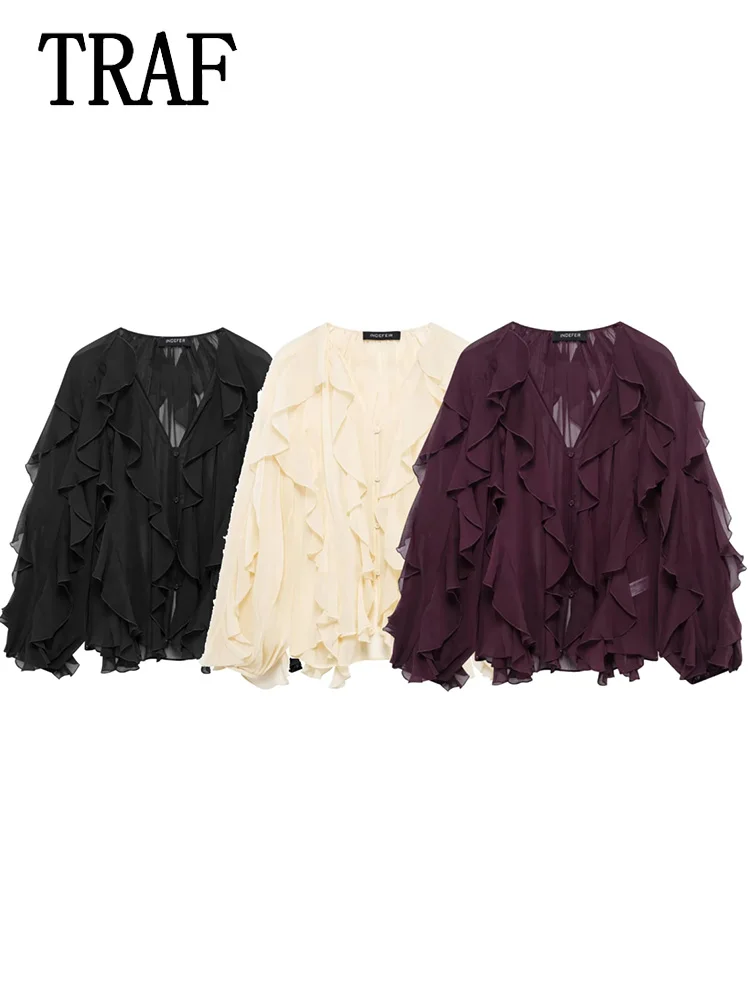 TRAF 2025 Ruffles 여성용 우아한 셔츠 & 블라우스 여성용 긴 소매 반투명 탑 봄 셔츠 및 블라우스 탑