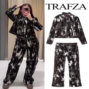 TRAFZA 빈티지 바지 세트 여성 패션 다목적 동물 프린트 옷깃 몰려 재킷 + 벨트 하이 웨이스트 포켓 롱 청바지 Mujer