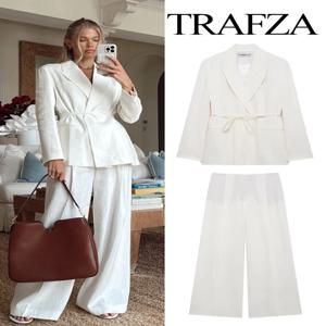 TRAFZA 여성 정장 흰색 턴 다운 칼라 긴 소매 레이스 업 블레이저 + 하이 웨이스트 지퍼 롱 바지 여성 봄 패션 세트