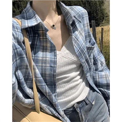루즈핏 셔츠 통근 한국 스타일 루즈핏 긴팔 여성용 신상품 한국 스타일 캐주얼 심플한 체크무늬 셔츠 블라우스 셔츠