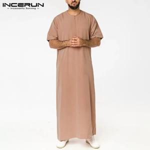 INCERUN 남성 이슬람 Kaftan 짧은 소매 솔리드 O 목 Jubba Thobe Abaya 중동 두바이 사우디 아라비아 이슬람 남성 가운 S-5XL