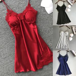 숙녀 섹시한 실크 새틴 나이트 드레스 민소매 Nighties v 넥 나이트 가운 Nightdress 레이스 잠옷 Nightwear 여성용 수면 탑