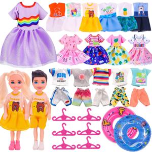 36PCS 6 인치 켈리 인형 옷 세트에는 5PCS 소녀 드레스, 5PCS 소년 탑 바지, 2 쌍 신발, 2x 인형, 20x 옷걸이, 2x 수영 반지가 포함됩니다.
