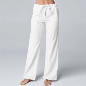 여성 코튼 린넨 바지 솔리드 컬러 탄성 느슨한 Drawstring 넓은 다리 높은 허리 바지 여성 스트레치 스트레이트 캐주얼 바지