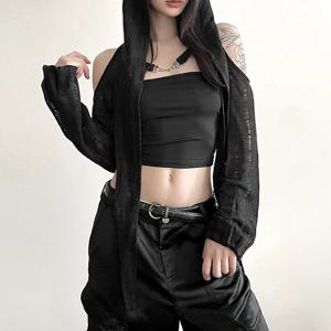 고스 다크 오픈 숄더 테크웨어 Y2k 크롭 가디건, 몰 고딕 후드, 섹시한 여성 크롭 탑, 펑크 그런지 버클 스트리트웨어 셔츠