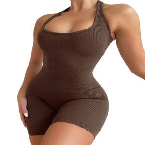 DZ-DZ 여성 여름 섹시한 리브 니트 민소매 탱크 탑 Romper 원피스 Backless Bodycon 반바지 요가 용 점프 슈트 바디 슈트