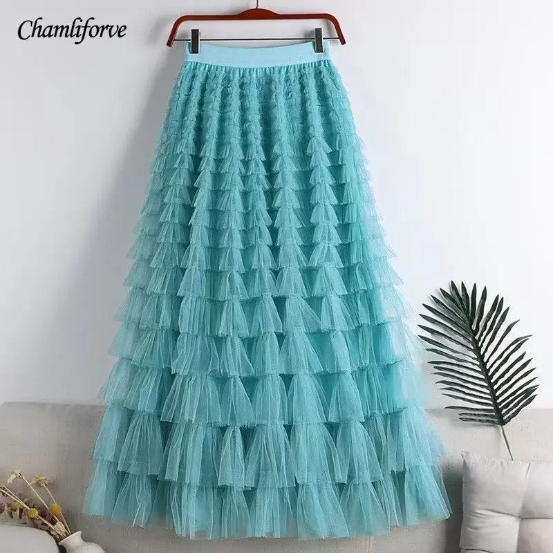 Chamliforve 여성 Tulle 메쉬 스커트 우아한 탄성 허리 요정 긴 a 라인 투투 스커트 봄 여름 긴 케이크 스커트