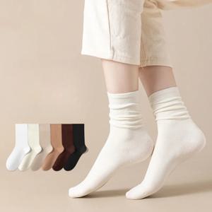 1/5 쌍면 양말 여성 원활한 소프트 크루 양말 중간 튜브 긴 느슨한 캐주얼 솔리드 컬러 안티 필링 통기성