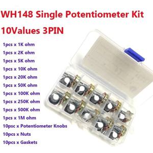10 세트 15MM WH148 널링 샤프트 3 단자 선형 테이퍼 회전식 전위차계 분류 키트 B1K 2K 5K 10K 20K 50K 100K 250K 50