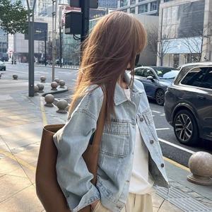 진주 코튼 외투 통근 루즈핏 포켓 진주 코튼 브러쉬드 데님 빈티지 루즈핏 슬림핏 숏 스타일 얇은 긴팔 외투 자켓 코트