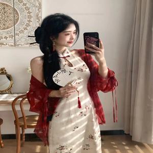 새로운 중국 스타일 목 매달려 드레스 복고풍 개선 Cheongsam 여름 새로운 인쇄 슬림 Qipao 허리 감소 슬리밍 드레스