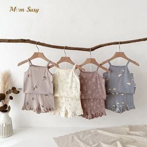 아기 소녀 코튼 꽃 프린트 의류 세트, 스트랩 조끼 및 반바지, 유아 여름 홈수트, 아기 옷 1-10 세, 2 개