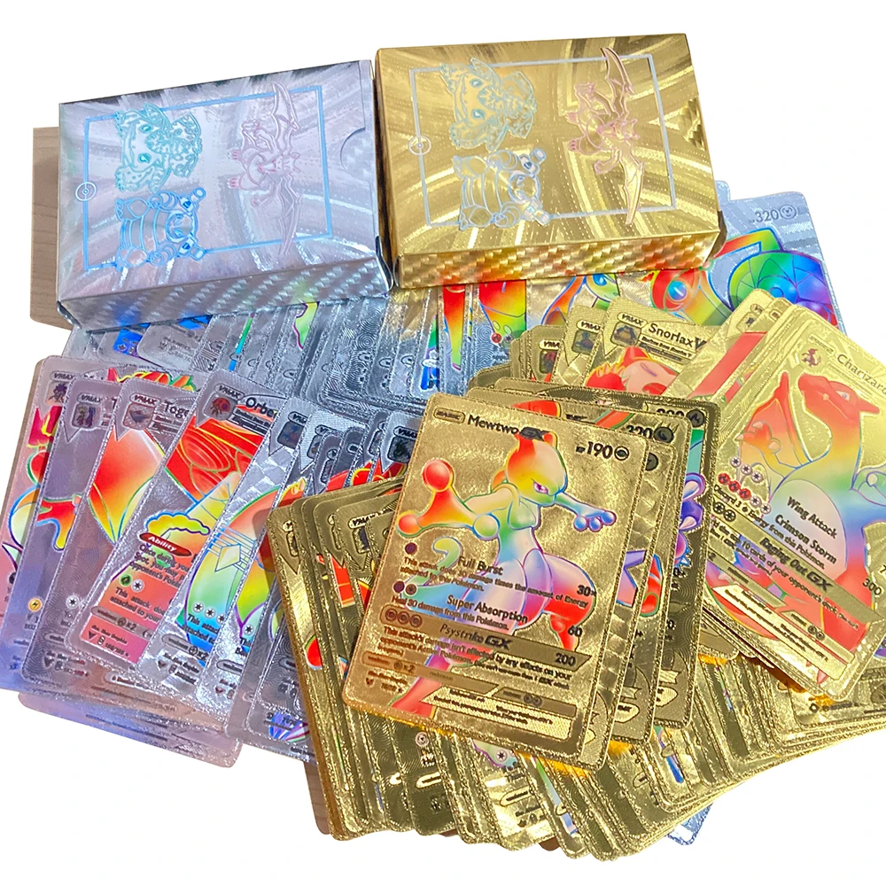 55 개/상자 포켓몬 레인보우 골드 실버 블랙 영어 카드 애니메이션 피카추 Charizard Eevee 전투 게임 컬렉션 어린이 장난감 선물