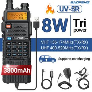Baofeng UV-5R 3 중 전원 워키토키, 장거리 C타입 충전기, UHF VHF 핸드헬드 트랜시버 햄, 양방향 라디오, 8W, 3800mAh
