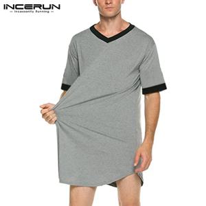 INCERUN 신사복 잠옷 패션 패치 워크 수면 가운 솔리드 잠옷 반소매 목욕 가운 루즈 V 넥 Homewear S-5XL 2024