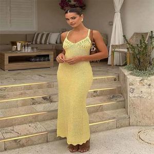 2024 솔리드 컬러 섹시한 니트 컷 아웃 홀리데이 수영복 커버 여성 여름 v 넥 스파게티 스트랩 Bodycon Beach Maxi Dress K32