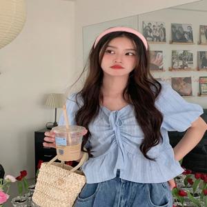 플러스 사이즈 여성용 퓨어 컬러 벨트 플리츠 반소매 셔츠 여름 루즈 오버 헤드 v 넥 세련된 다목적 탑