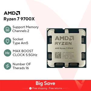AMD Ryzen 7 9700X 프로세서, R7 9700X, 5.5GHz, 8 코어 16 스레드, 40MB 게임 캐시, 4NM TDP 65W 소켓, AM5 게임용 CPU Zen 5, 선풍기 없음, 신제품