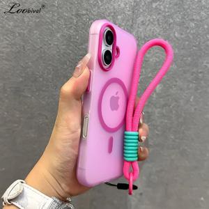 Magsafe 캔디 컬러 대비 끈 케이스 iPhone 16 15 Pro Max 14 Plus 11 12 13 16e 핸드 손목 스트랩 매트 소프트 커버
