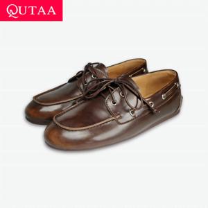 QUTAA 2025 패션 뉴스 여성용 플랫 슈즈, 암소 가죽, 용수철 발레, 캐주얼 로퍼, 레이스업 라운드 토, 34-41